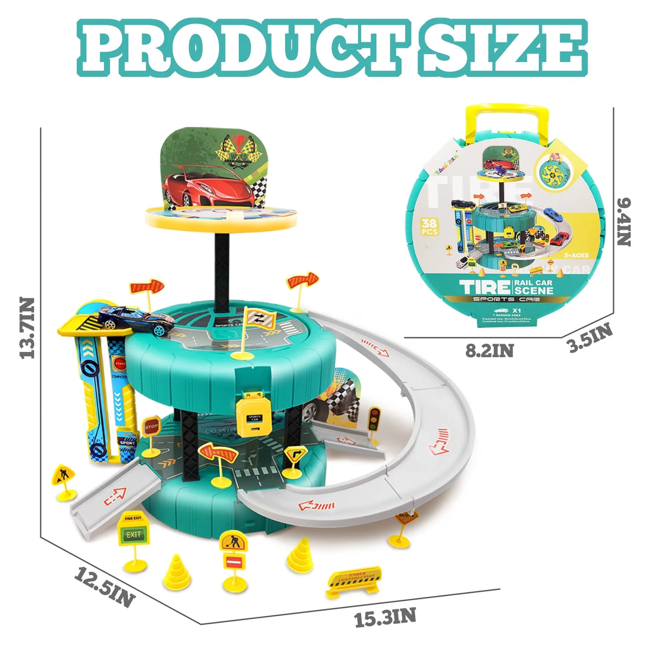 Tire Railcar Scene Formula Car (38 Piece) Track Playset for Kids (3+ Years)