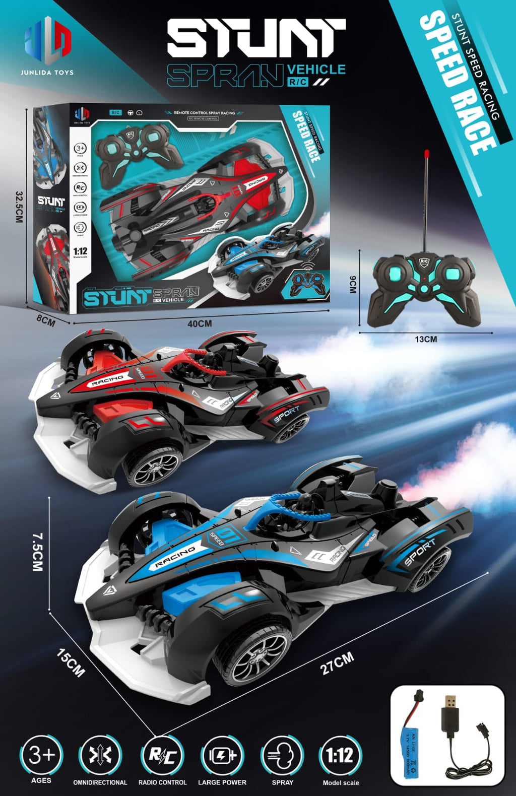 Remote Control Spray Racing Stunt Car 1:12 Scale with Lights Drift and Spray for Kids (3+ Years)