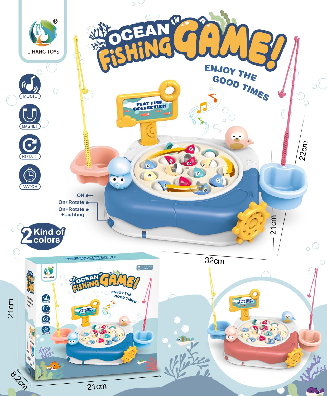 Premium Ocean Fishing Game with Music, Magnetic Rotating Board & 15 Fish for Kids (3+ Years)