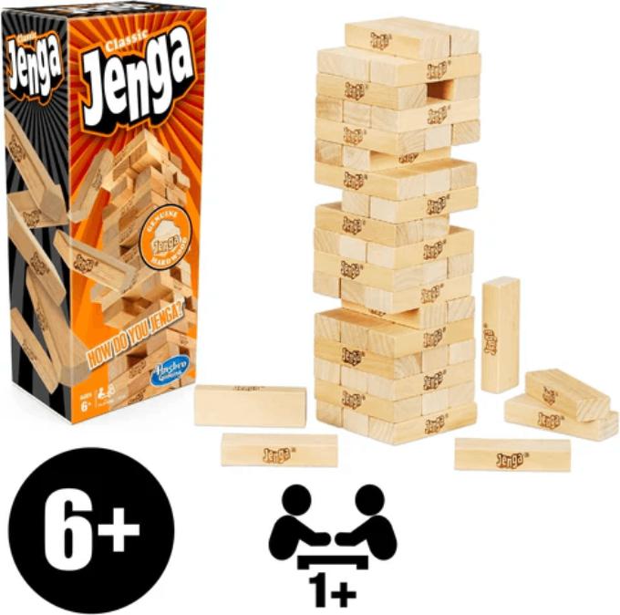 Classic Jenga Genuine Hardwood Block Game for Kids & Adults (6+ Years) Pull, Stack & Crash Fun