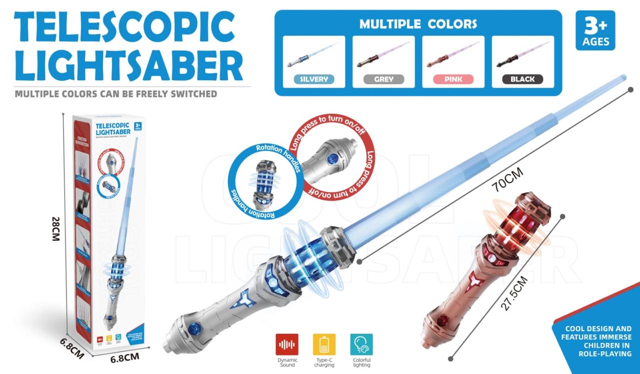 Telescopic Lightsaber Energy Sword Rechargeable with Type-C Charging, Colorful Lighting & Dynamic Sound (3+ Years)