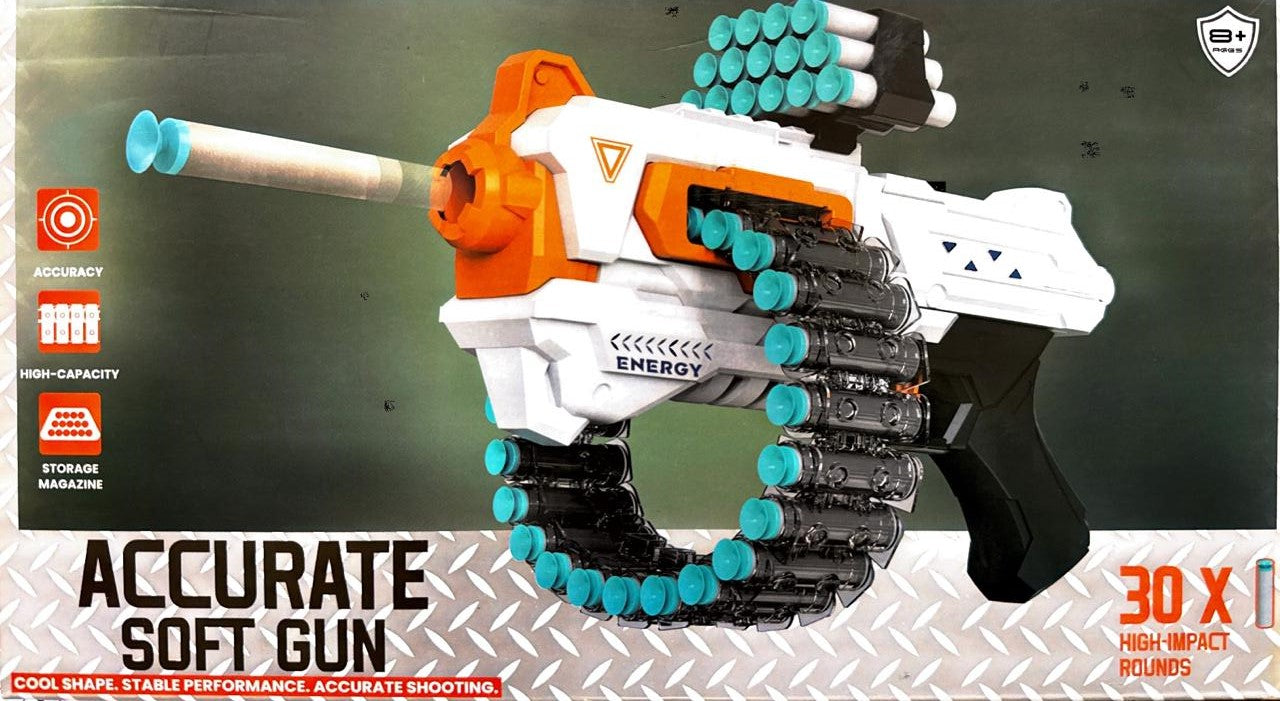 Accurate Soft Gun with 24-Round Bullet Belt & 30 High-Impact Soft Bullets for Kids (8+ Years)