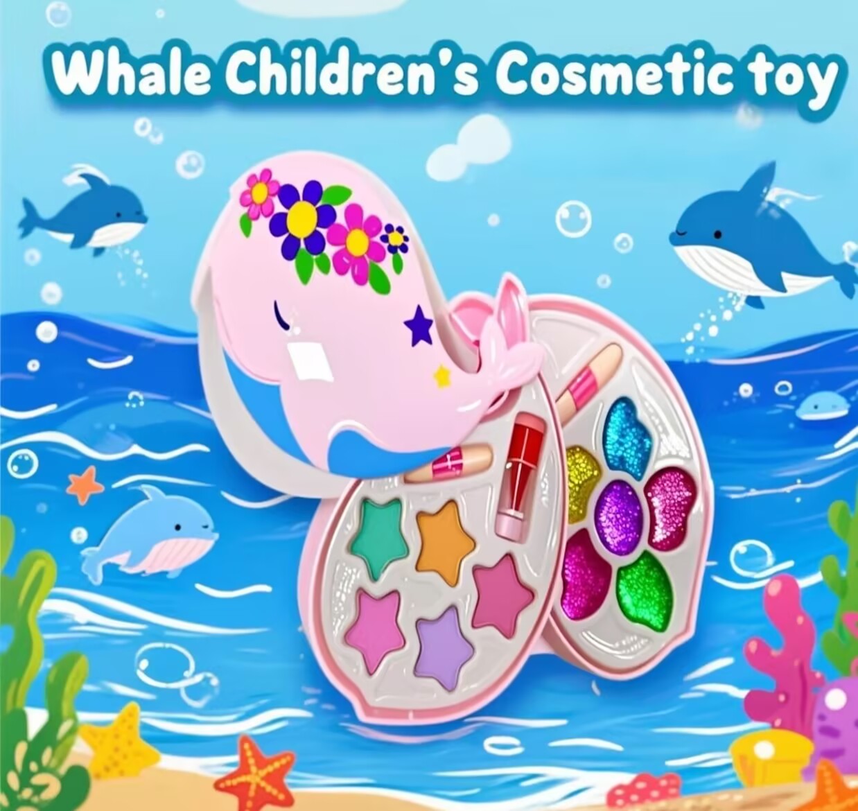 Dress Up Ornaments 3-Layer Whale-Shaped Safe & Washable Shiny Makeup Kit for Girls (3+ Years)